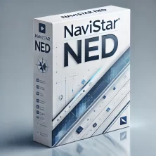 DALL·E 2024-07-12 10.27.07 - A sleek software box design with the text 'Navistar NED' prominently displayed. The box has a modern, professional look with a minimalist design. It f